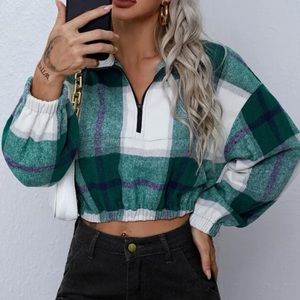 Plaid half zip cropped fleece flannel